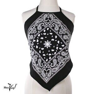 Black Bandana Print Cotton Halter Top - Retro - L